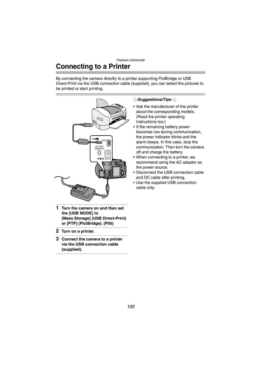 Panasonic DMC-LC1GN operating instructions Connecting to a Printer, 100, Turn the camera on and then set the USB Mode to 