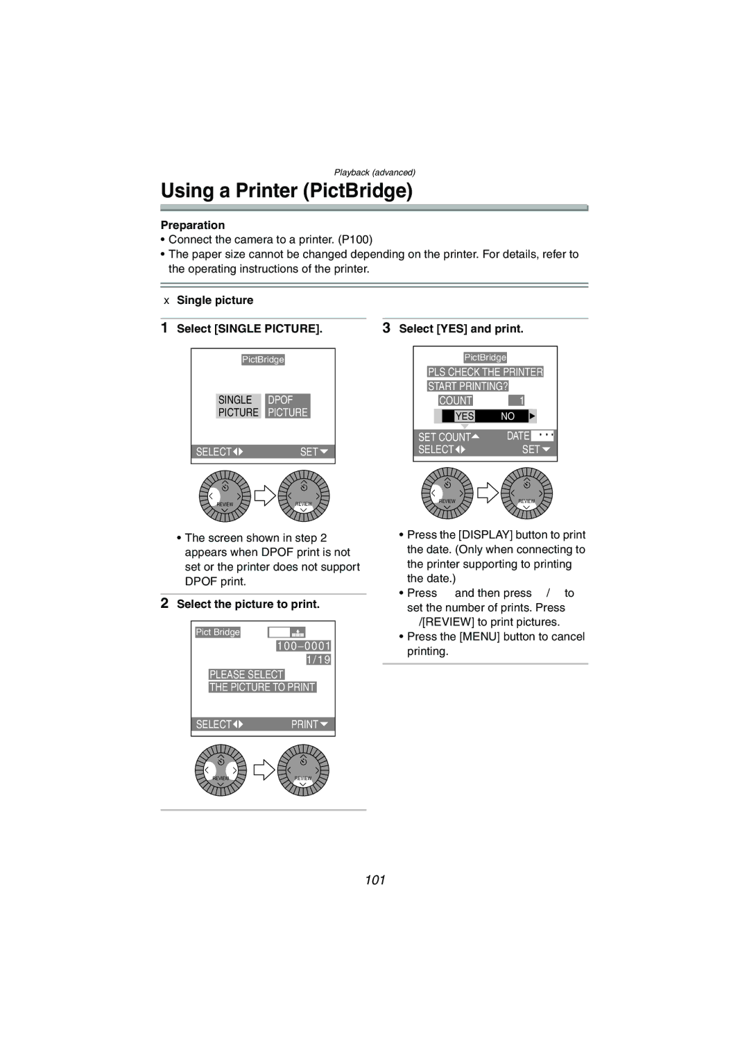 Panasonic DMC-LC1GN Using a Printer PictBridge, 101, Single picture, Select Single Picture Select YES and print 