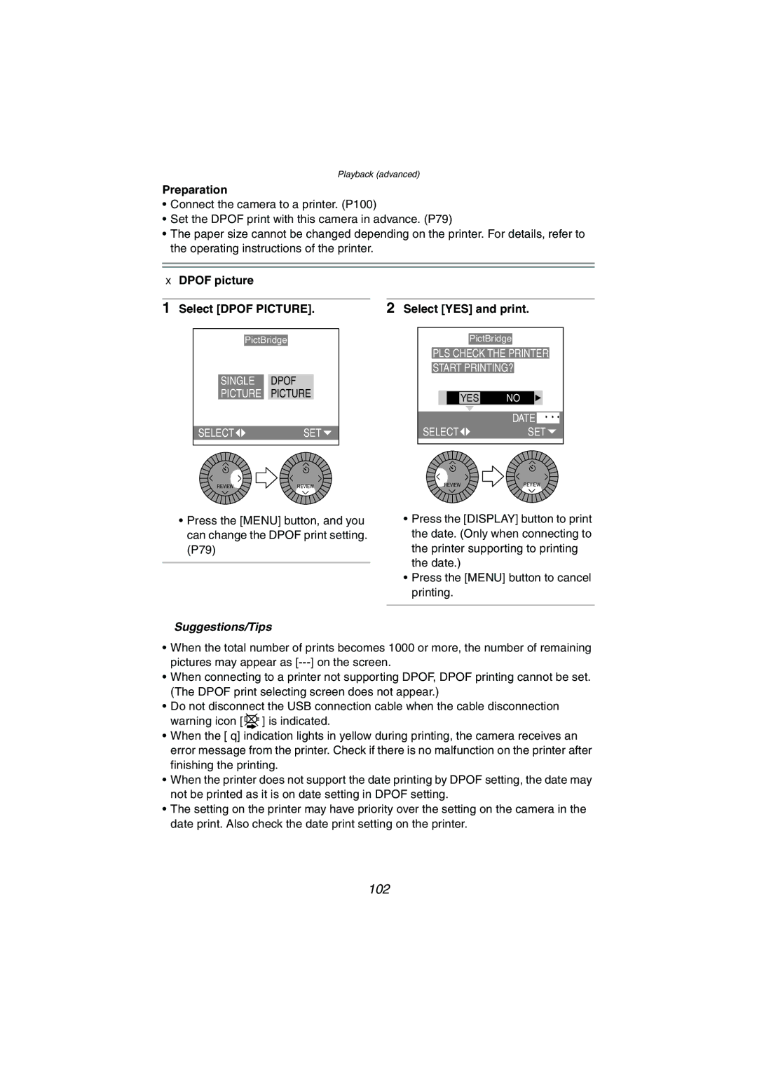 Panasonic DMC-LC1GN operating instructions 102, Dpof picture, Select Dpof Picture Select YES and print 