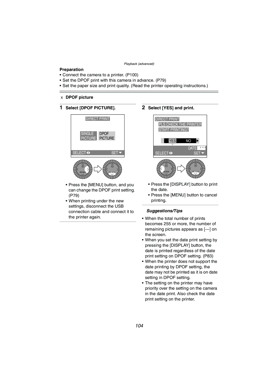 Panasonic DMC-LC1GN operating instructions 104, Dpof picture Select Dpof Picture Select YES and print 