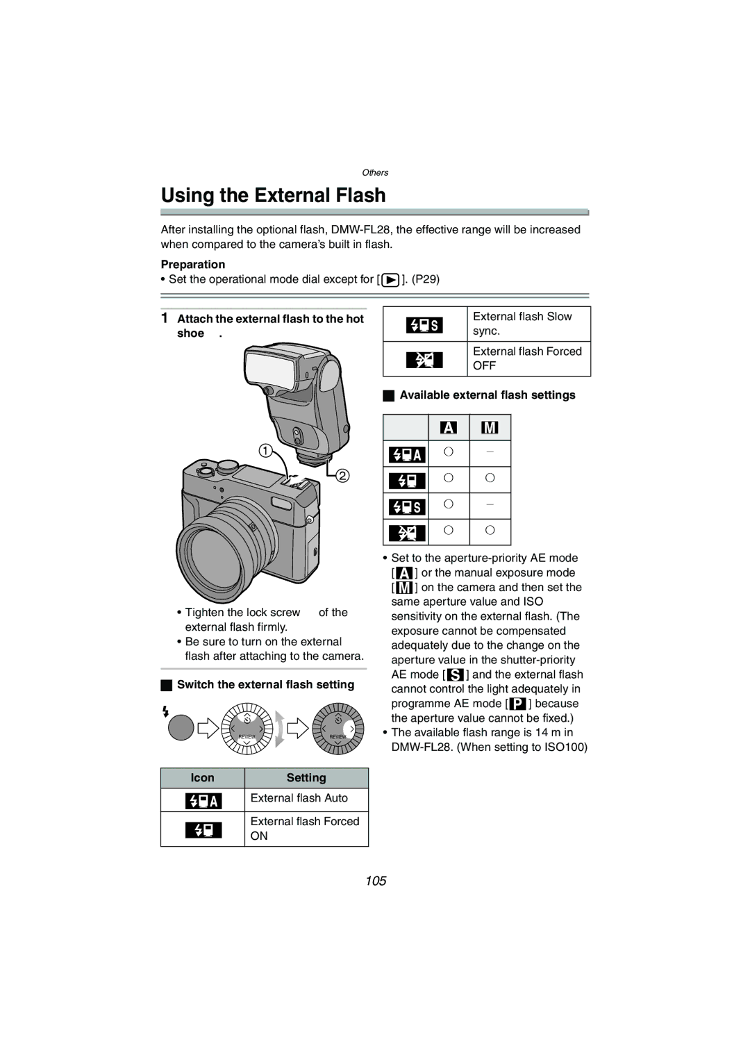 Panasonic DMC-LC1GN operating instructions Using the External Flash, 105 