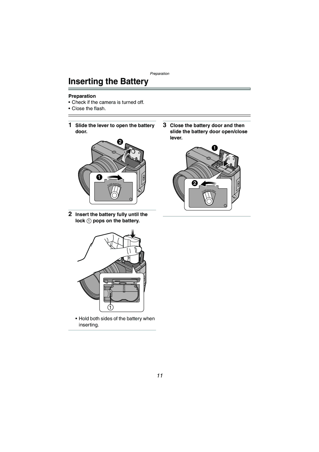 Panasonic DMC-LC1GN operating instructions Inserting the Battery, Preparation, Close the battery door and then, Door, Lever 