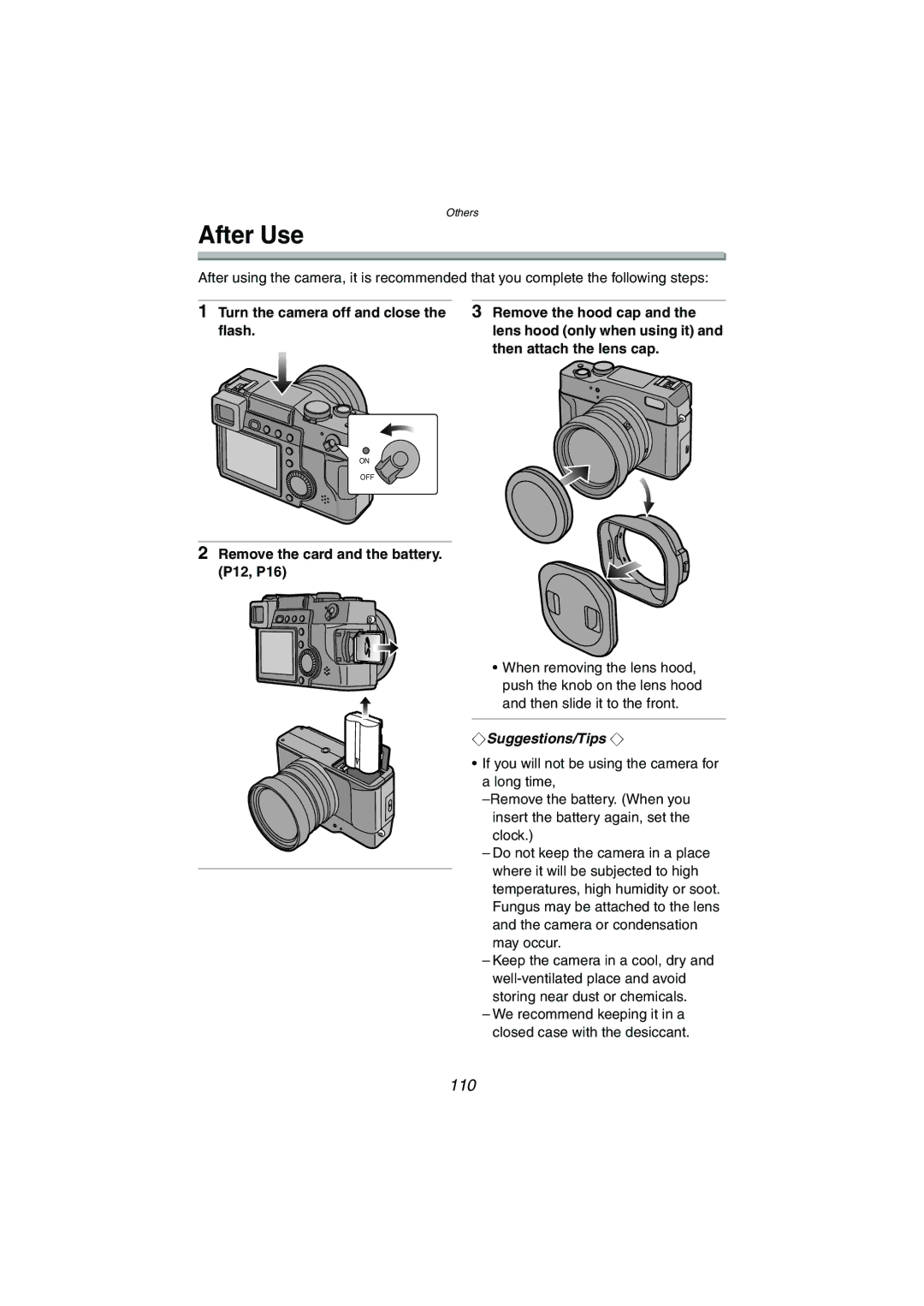 Panasonic DMC-LC1GN operating instructions After Use, 110, Remove the card and the battery P12, P16 