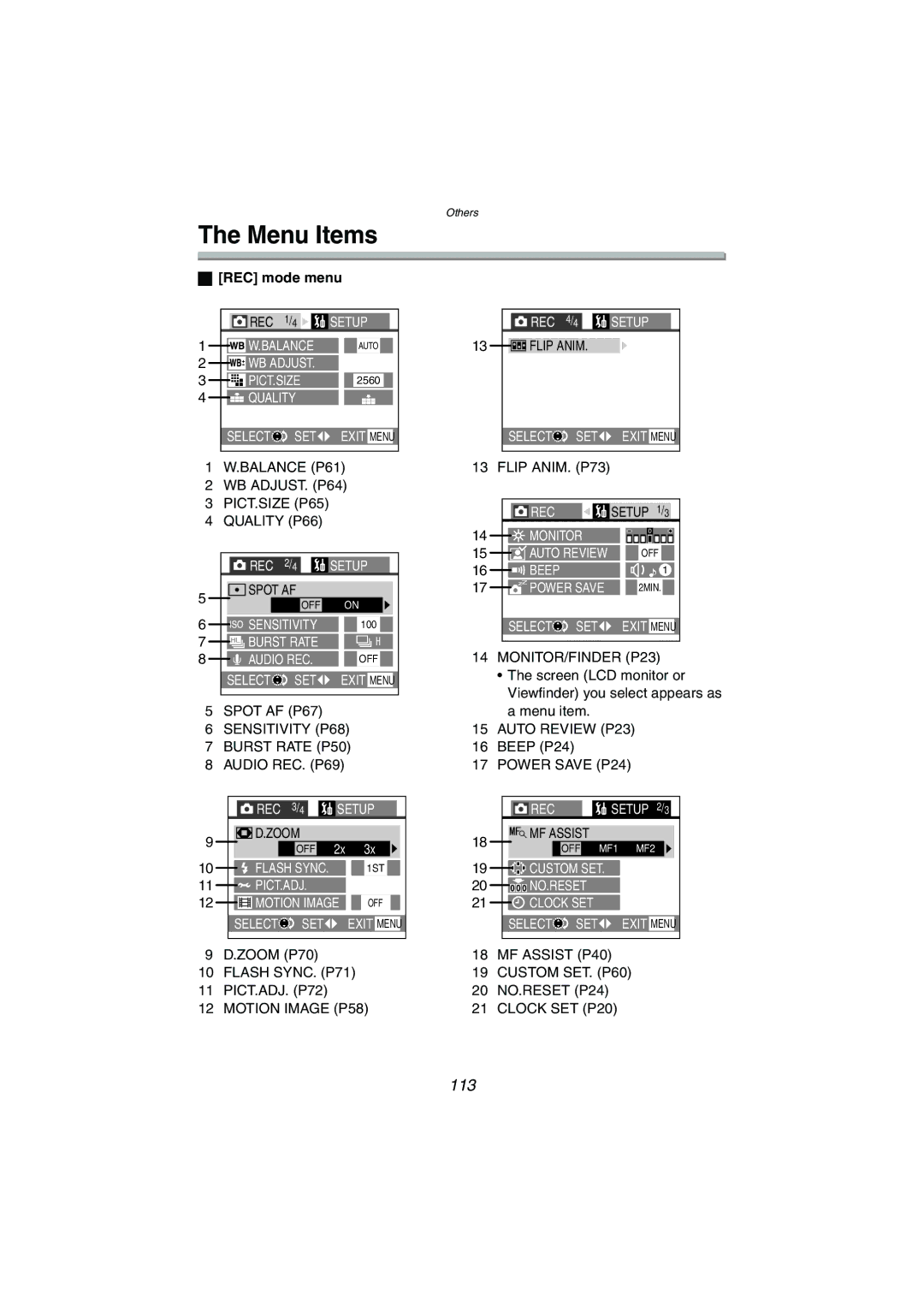 Panasonic DMC-LC1GN operating instructions Menu Items, 113, REC mode menu 