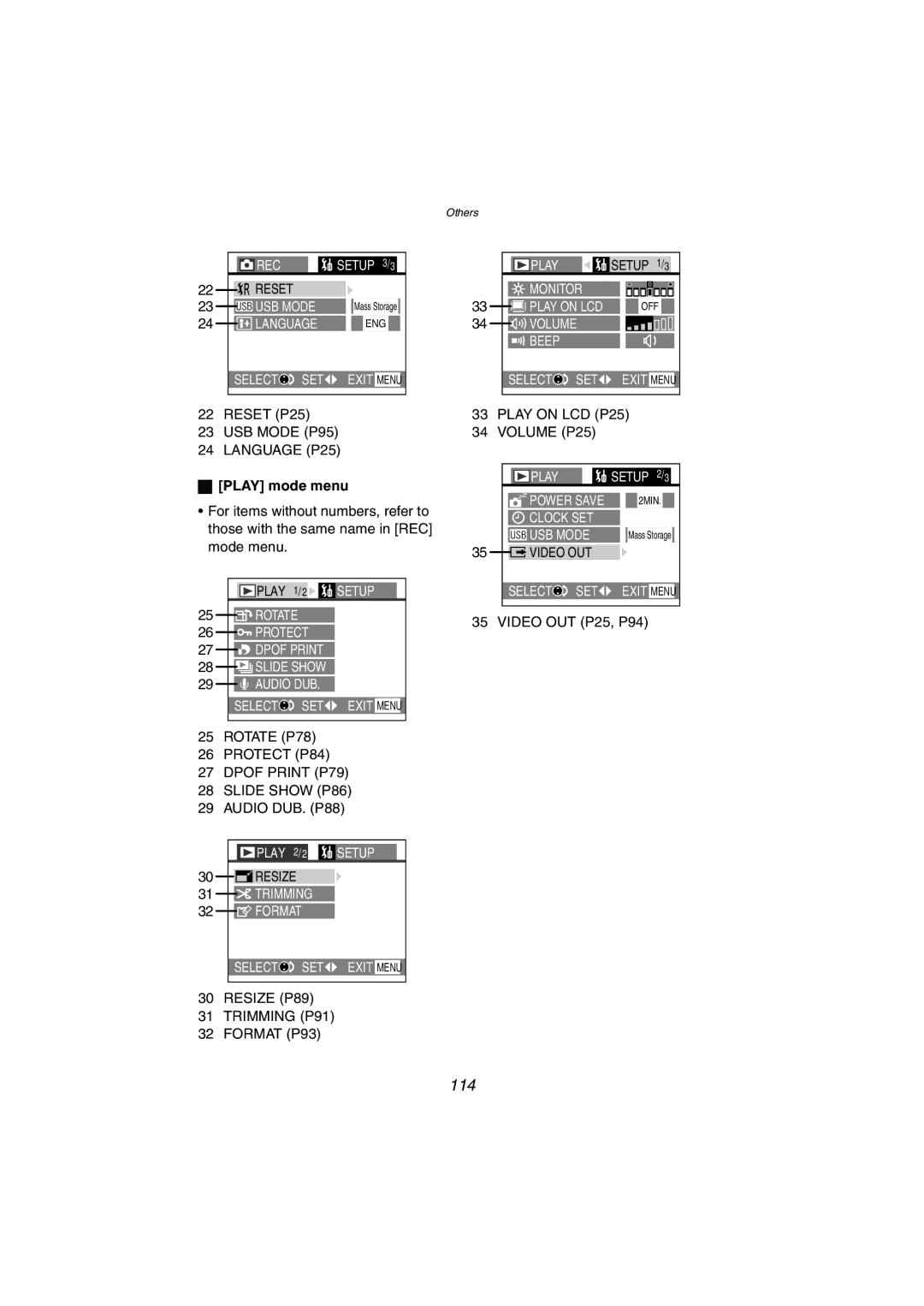 Panasonic DMC-LC1GN operating instructions 114, Language P25, Play mode menu, Dpof Print P79 Slide Show P86, Trimming P91 