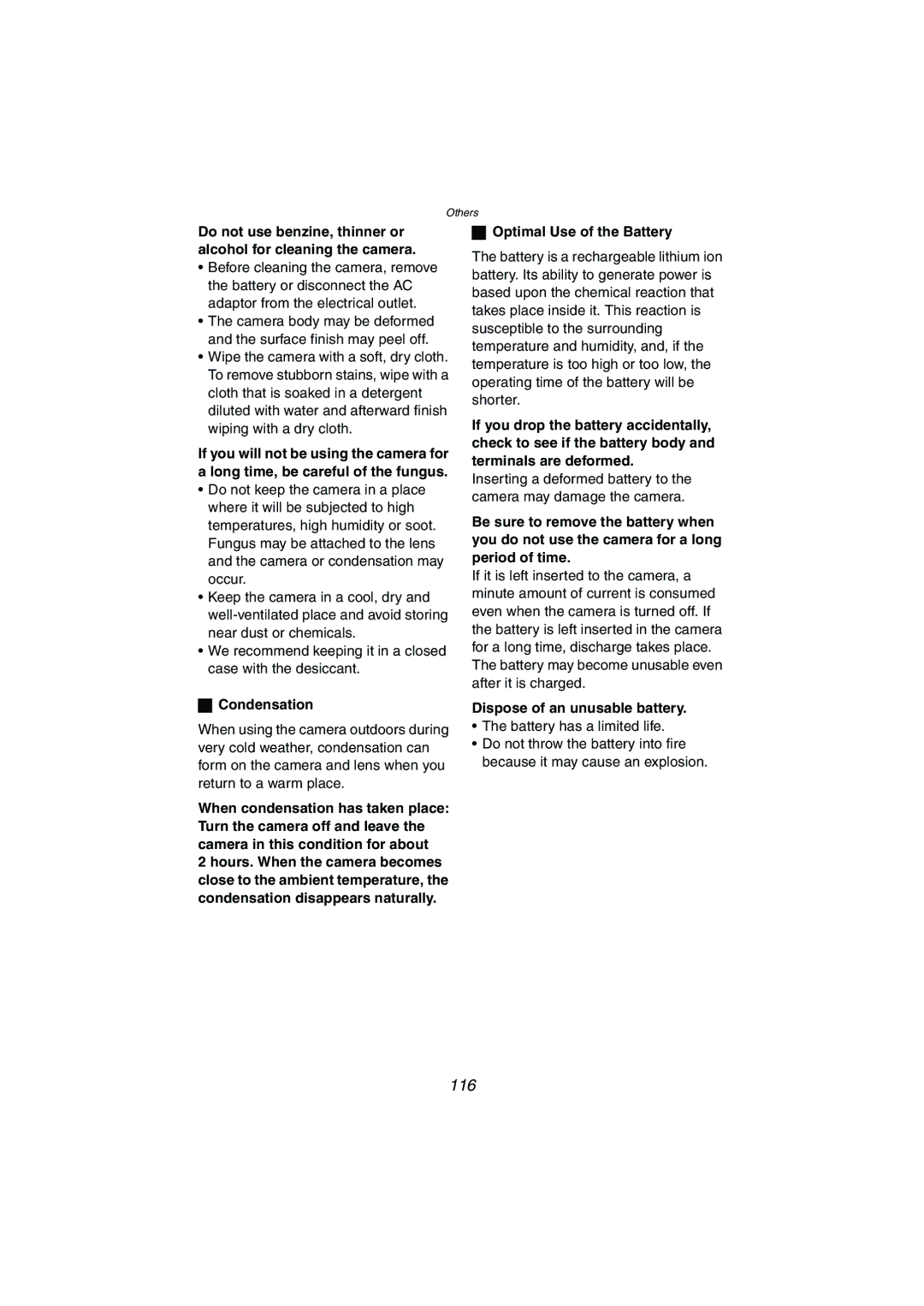 Panasonic DMC-LC1GN operating instructions 116, Optimal Use of the Battery, Condensation, Dispose of an unusable battery 