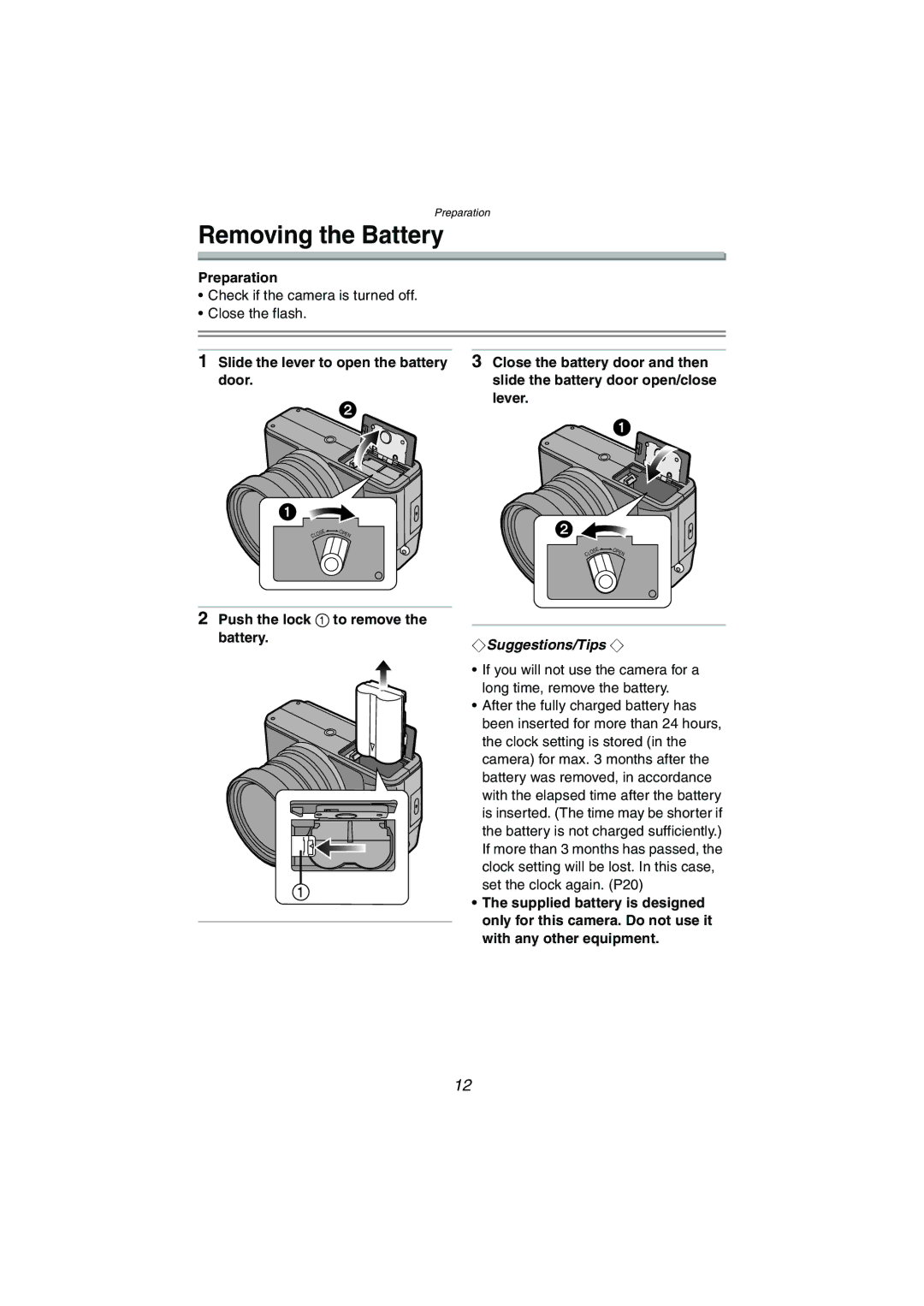 Panasonic DMC-LC1GN operating instructions Removing the Battery, Push the lock 1 to remove the battery 