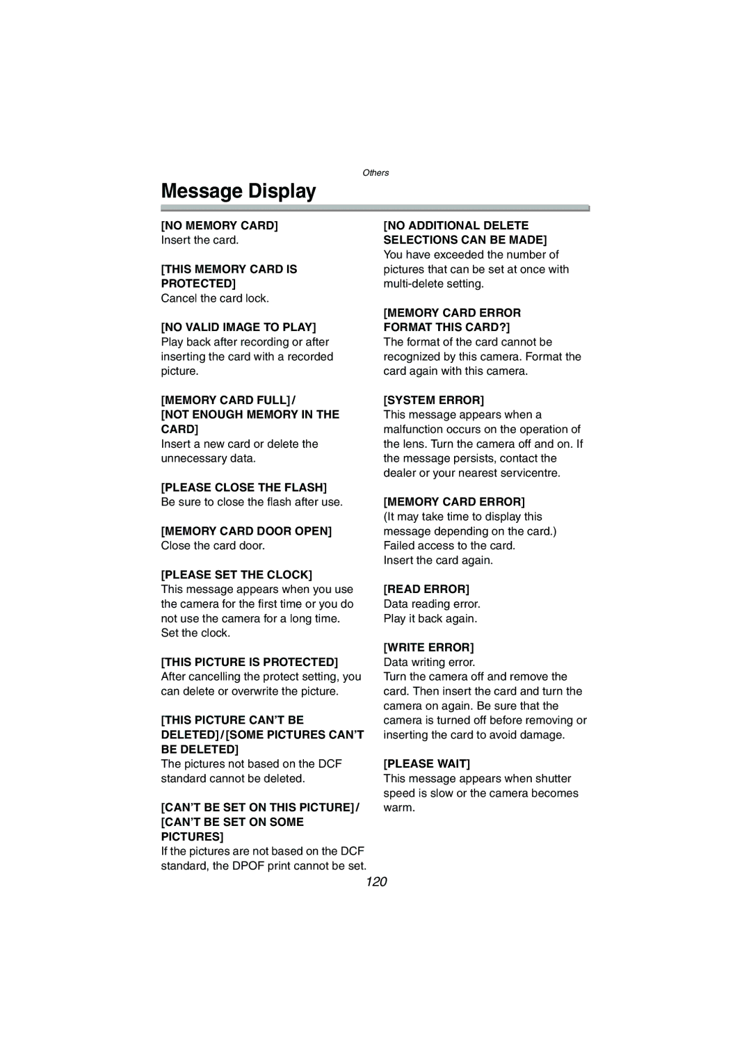 Panasonic DMC-LC1GN operating instructions Message Display, 120 