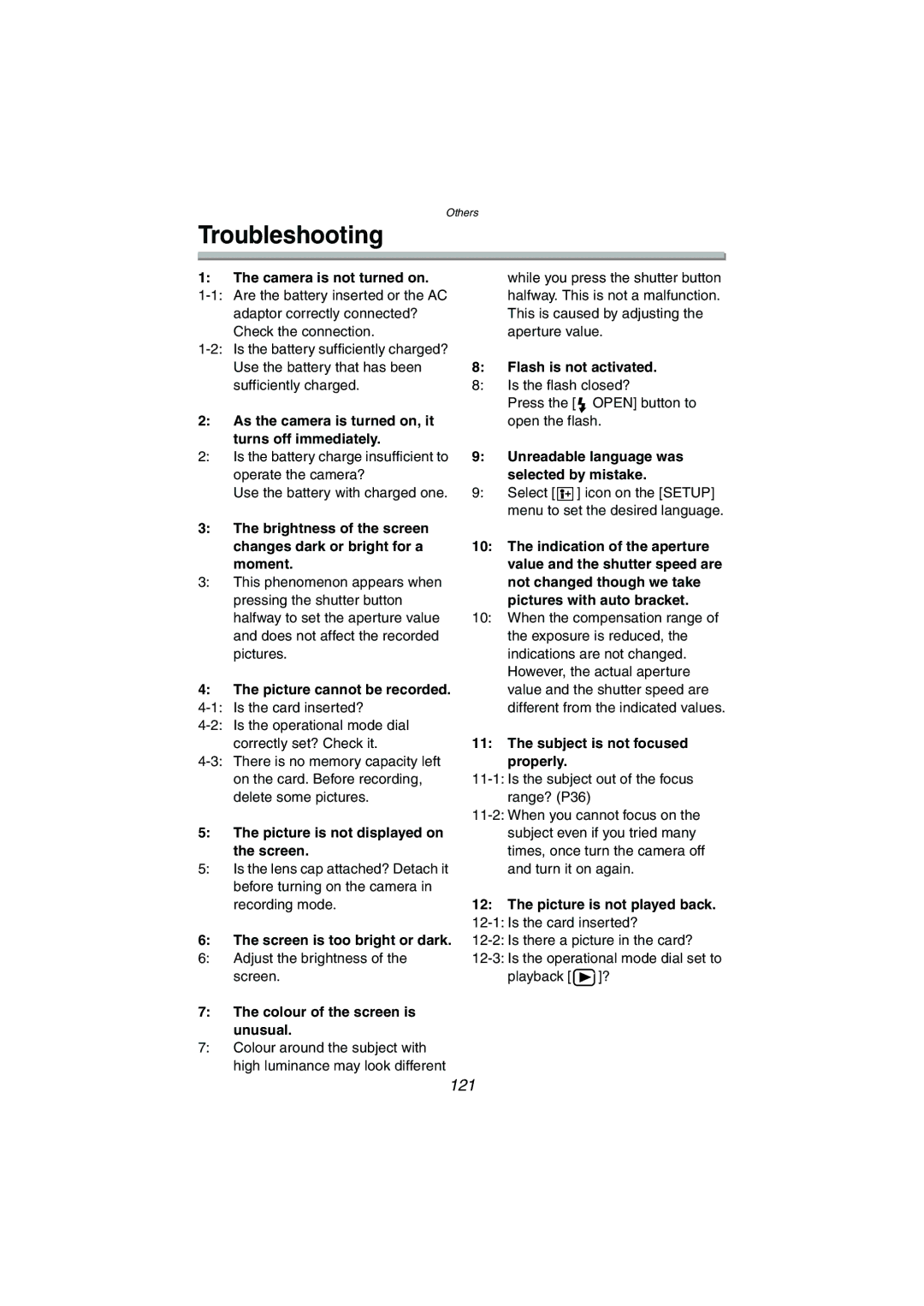 Panasonic DMC-LC1GN operating instructions Troubleshooting, 121 