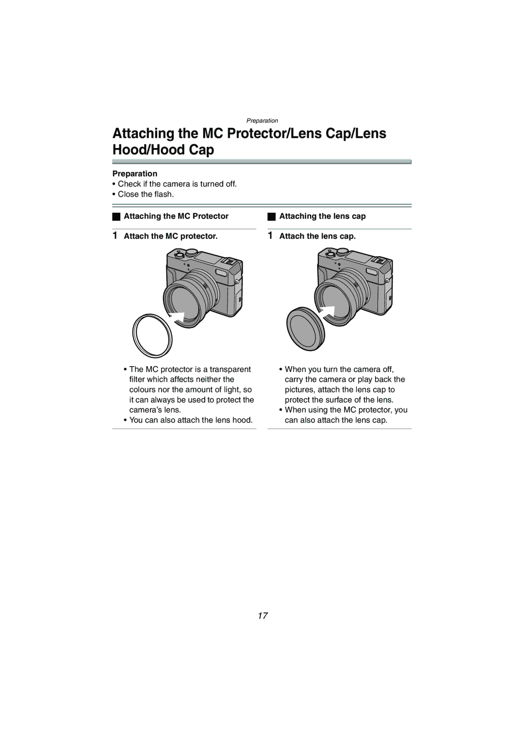 Panasonic DMC-LC1GN operating instructions Attaching the MC Protector/Lens Cap/Lens Hood/Hood Cap 