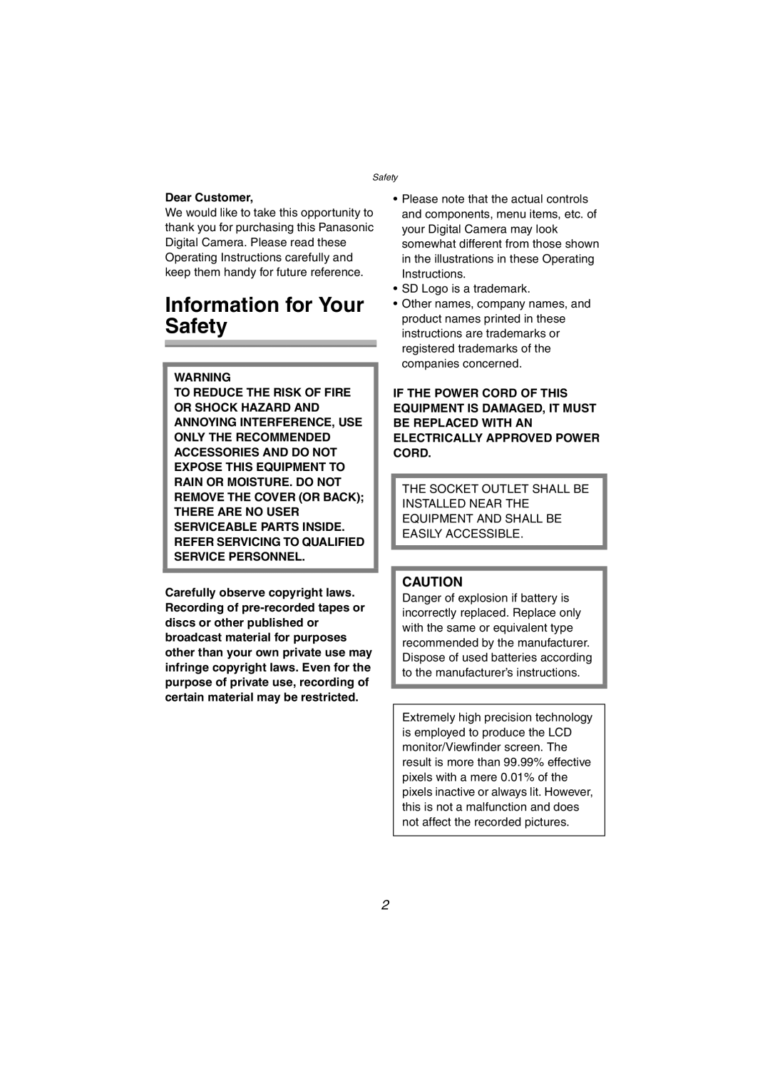 Panasonic DMC-LC1GN operating instructions Information for Your Safety, Dear Customer 