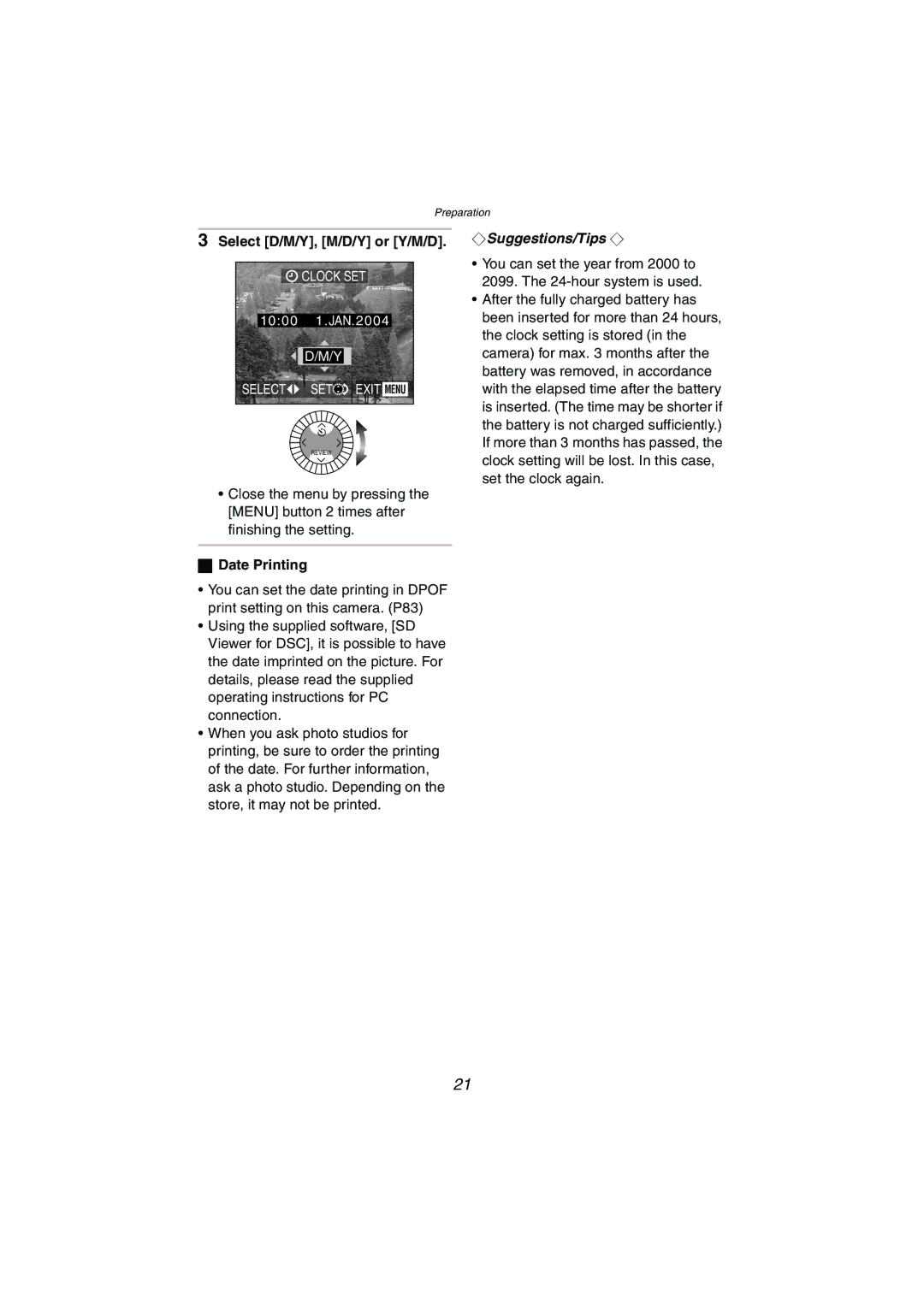 Panasonic DMC-LC1GN operating instructions Select D/M/Y, M/D/Y or Y/M/D, Date Printing 