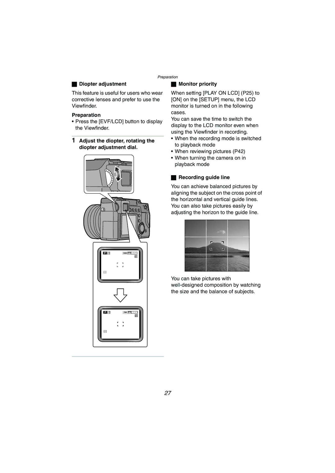 Panasonic DMC-LC1GN operating instructions Diopter adjustment, Recording guide line 