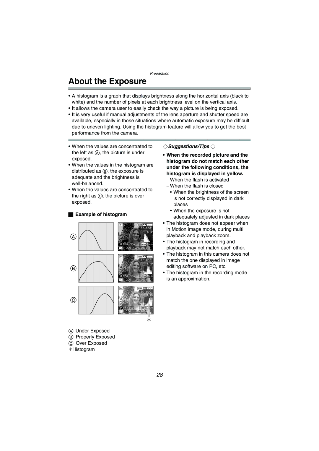 Panasonic DMC-LC1GN operating instructions About the Exposure, Example of histogram 