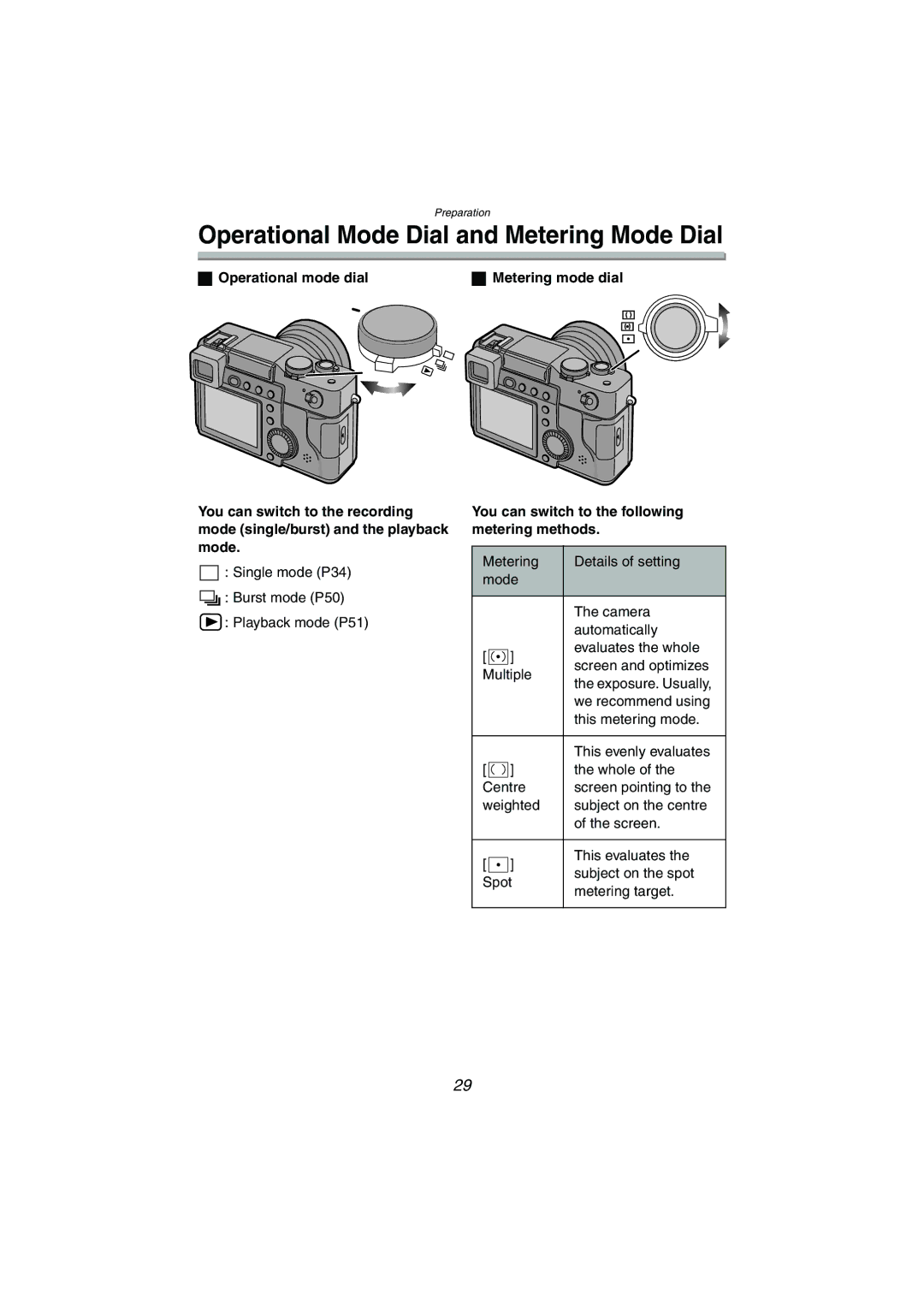 Panasonic DMC-LC1GN operating instructions Operational Mode Dial and Metering Mode Dial, Operational mode dial 