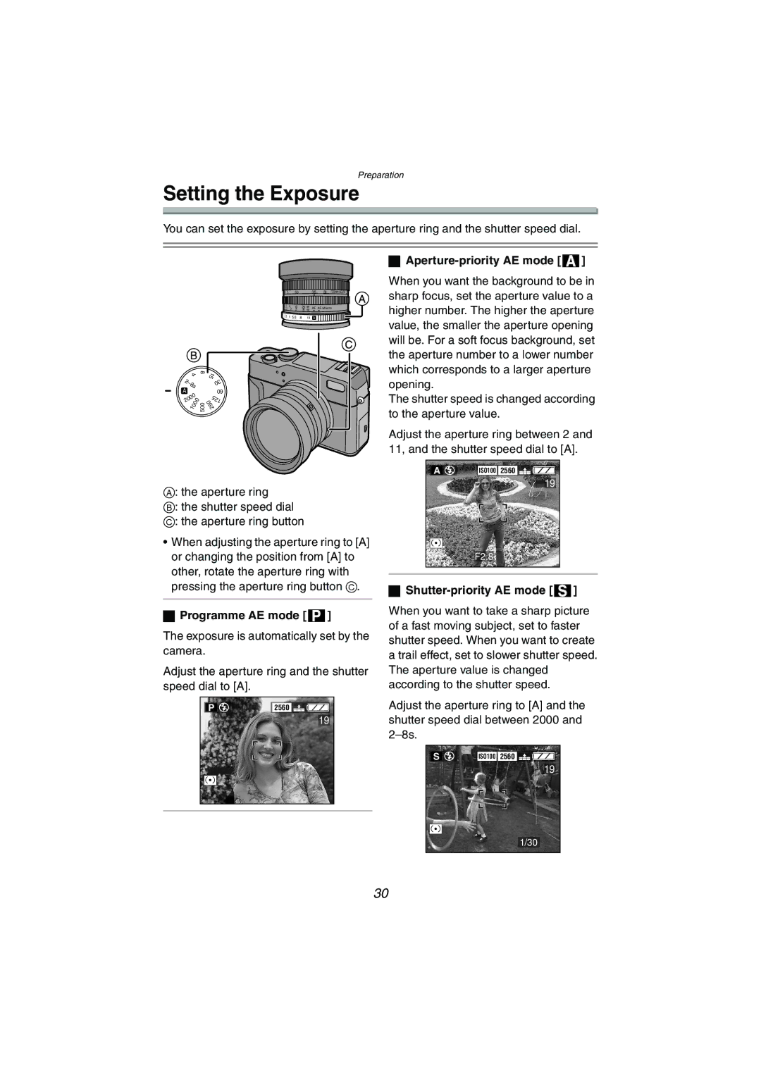 Panasonic DMC-LC1GN Setting the Exposure, Programme AE mode, Aperture-priority AE mode, Shutter-priority AE mode 