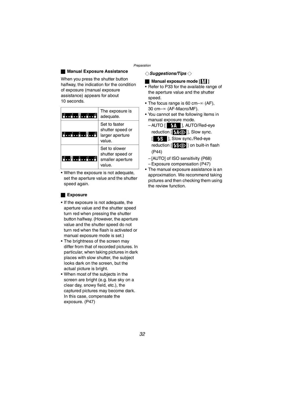 Panasonic DMC-LC1GN operating instructions Manual Exposure Assistance 