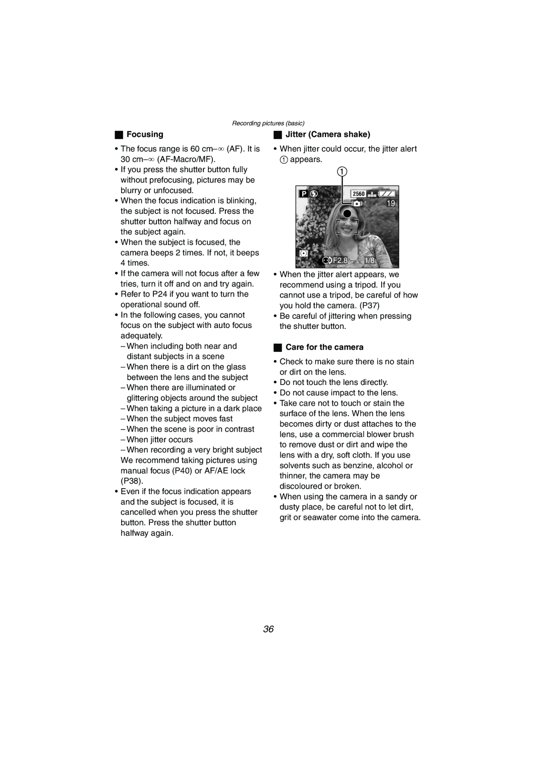 Panasonic DMC-LC1GN operating instructions Focusing, Jitter Camera shake, Care for the camera 