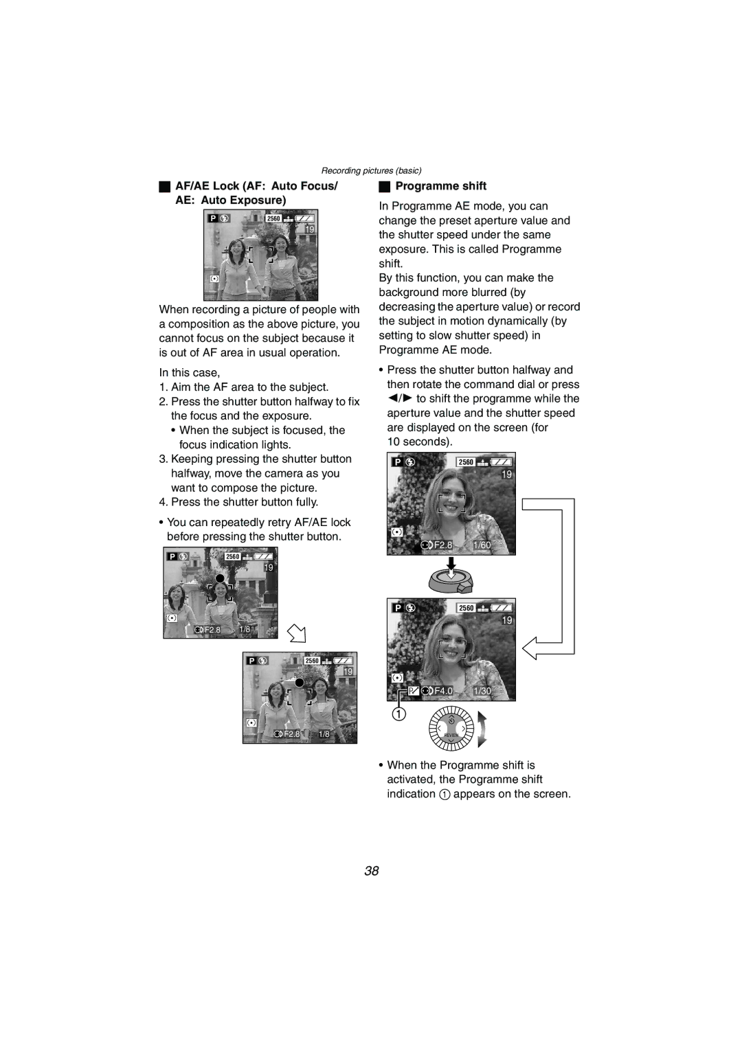 Panasonic DMC-LC1GN operating instructions AF/AE Lock AF Auto Focus AE Auto Exposure, Programme shift 