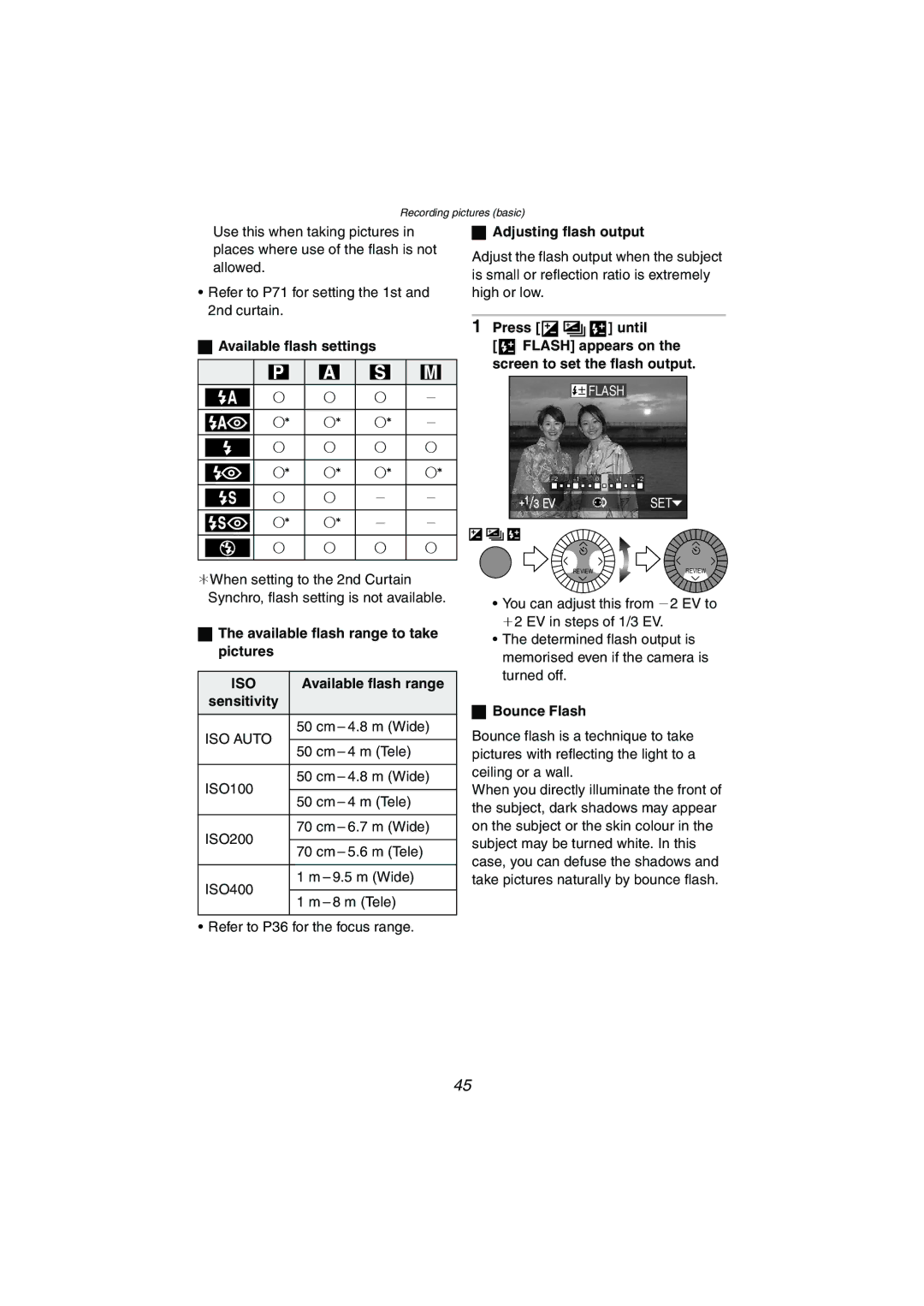 Panasonic DMC-LC1GN Available flash settings, Available flash range to take pictures, Sensitivity, Adjusting flash output 