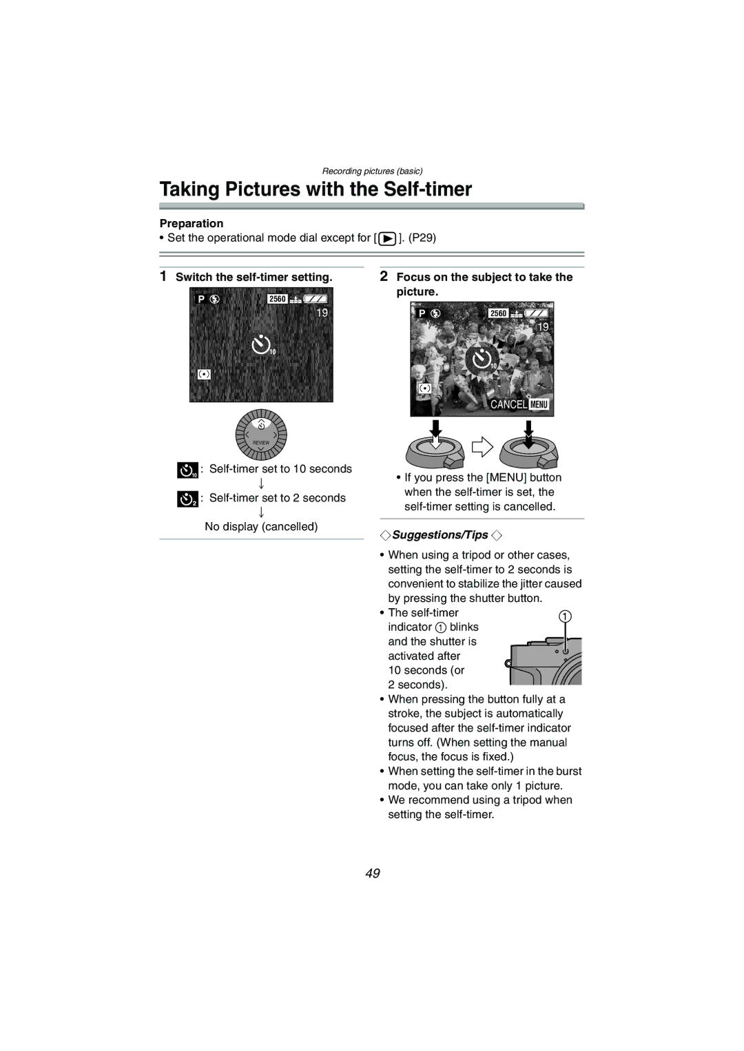 Panasonic DMC-LC1GN operating instructions Taking Pictures with the Self-timer 