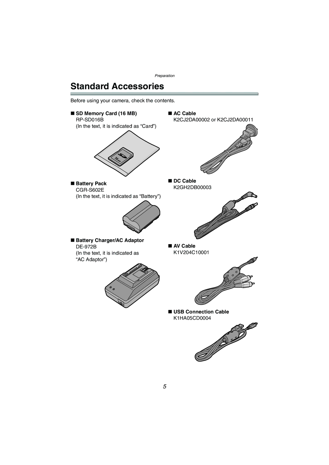 Panasonic DMC-LC1GN operating instructions Standard Accessories 