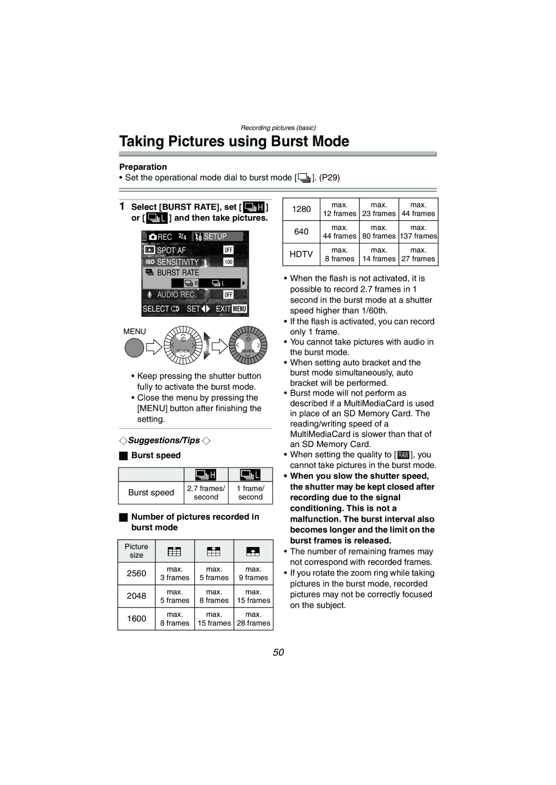 Panasonic DMC-LC1GN Taking Pictures using Burst Mode, Burst speed, Number of pictures recorded in burst mode, Hdtv 