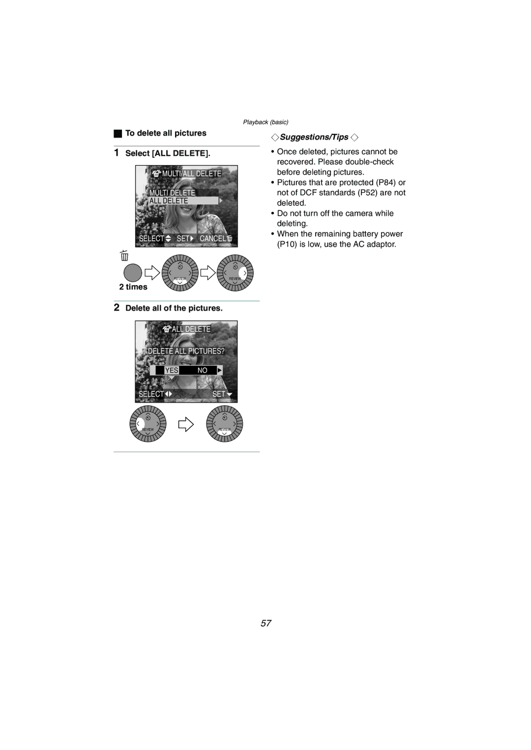 Panasonic DMC-LC1GN operating instructions To delete all pictures Select ALL Delete, Times Delete all of the pictures 