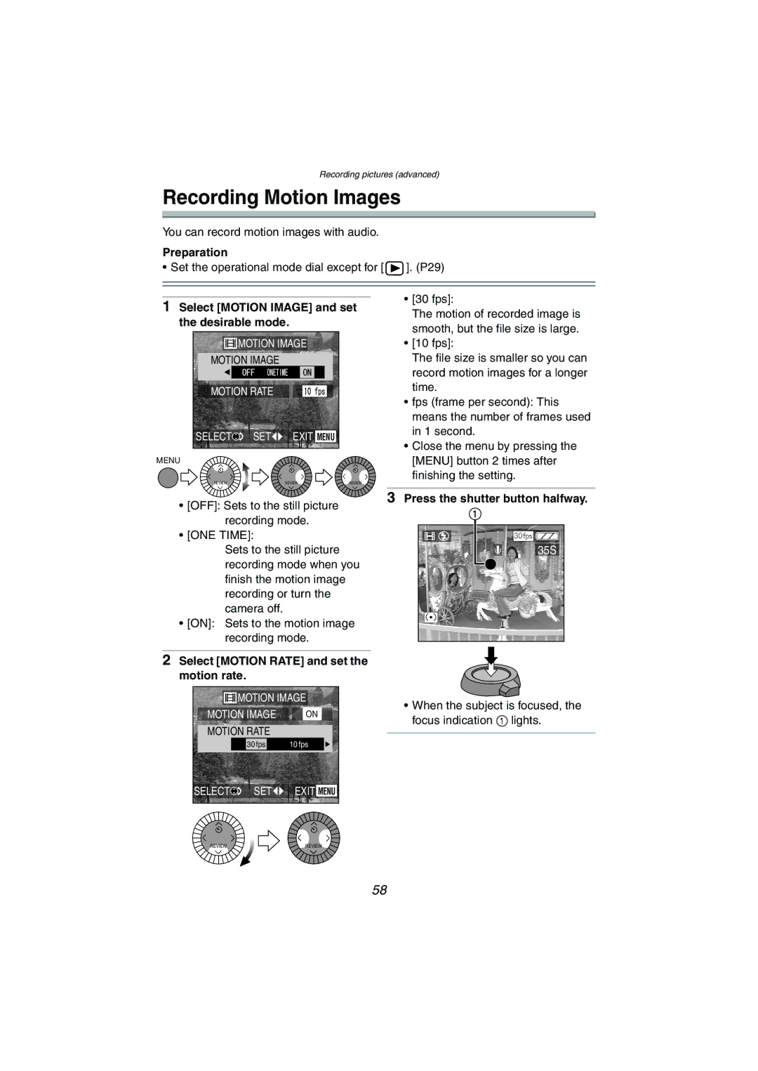 Panasonic DMC-LC1GN Recording Motion Images, Select Motion Image and set the desirable mode, ONE Time 