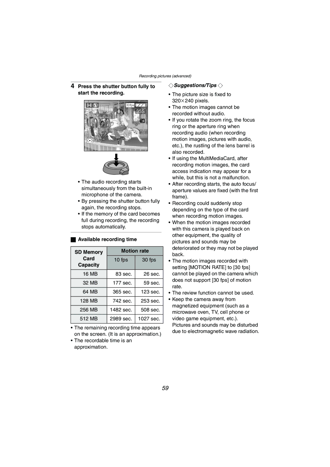 Panasonic DMC-LC1GN operating instructions Press the shutter button fully to start the recording 