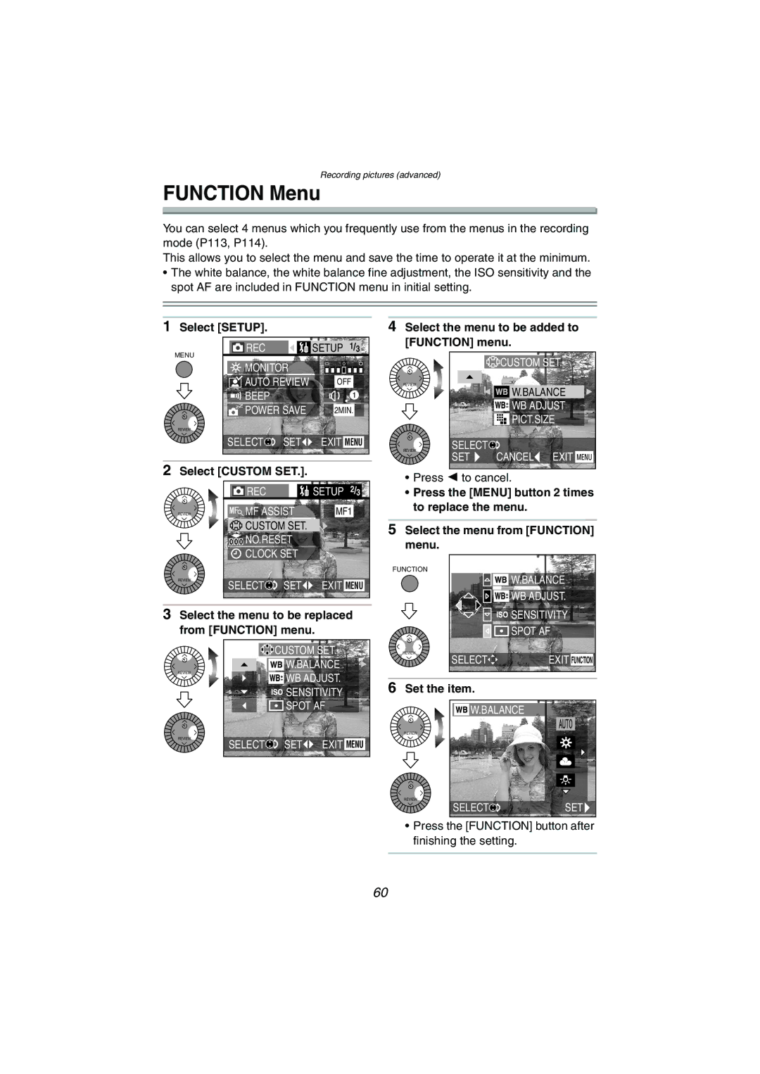 Panasonic DMC-LC1GN Function Menu, Select Setup, Select the menu to be added to Function menu, Select Custom SET 