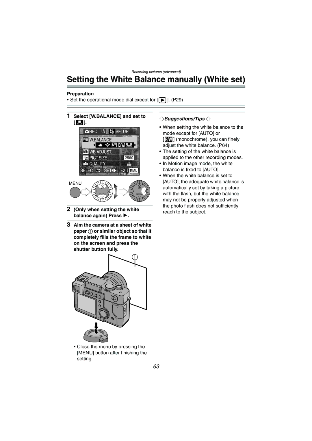 Panasonic DMC-LC1GN operating instructions Setting the White Balance manually White set, Select W.BALANCE and set to 