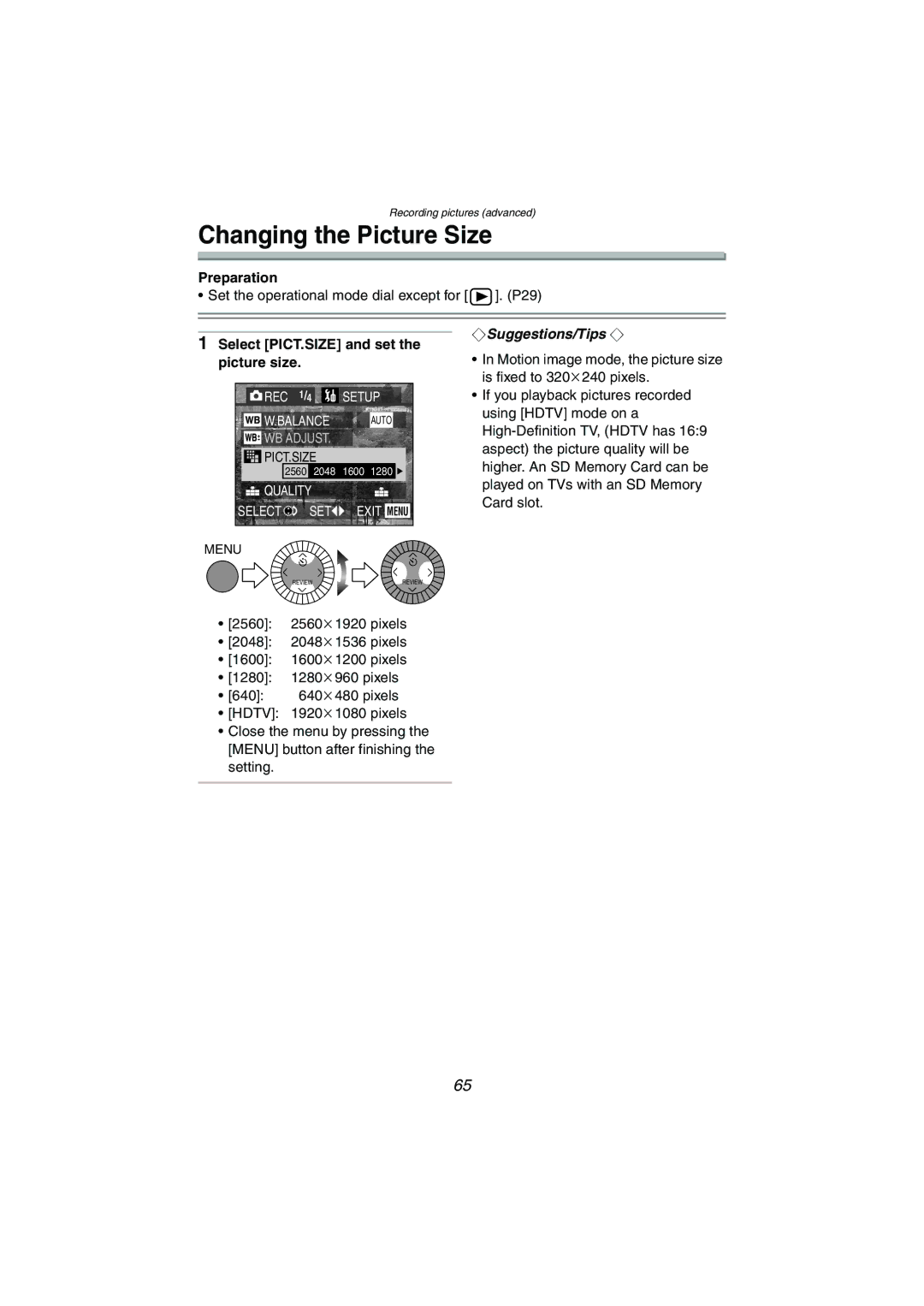 Panasonic DMC-LC1GN operating instructions Changing the Picture Size, Select PICT.SIZE and set Picture size 