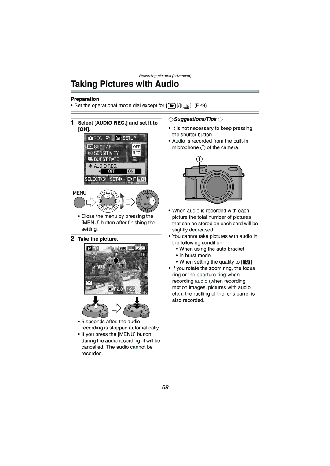 Panasonic DMC-LC1GN operating instructions Taking Pictures with Audio, Select Audio REC. and set it to, Take the picture 