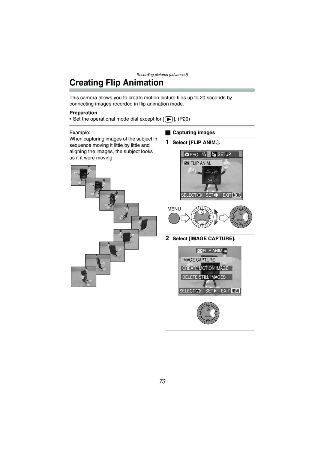 Panasonic DMC-LC1GN Creating Flip Animation, Capturing images, Select Flip Anim, Select Image Capture 