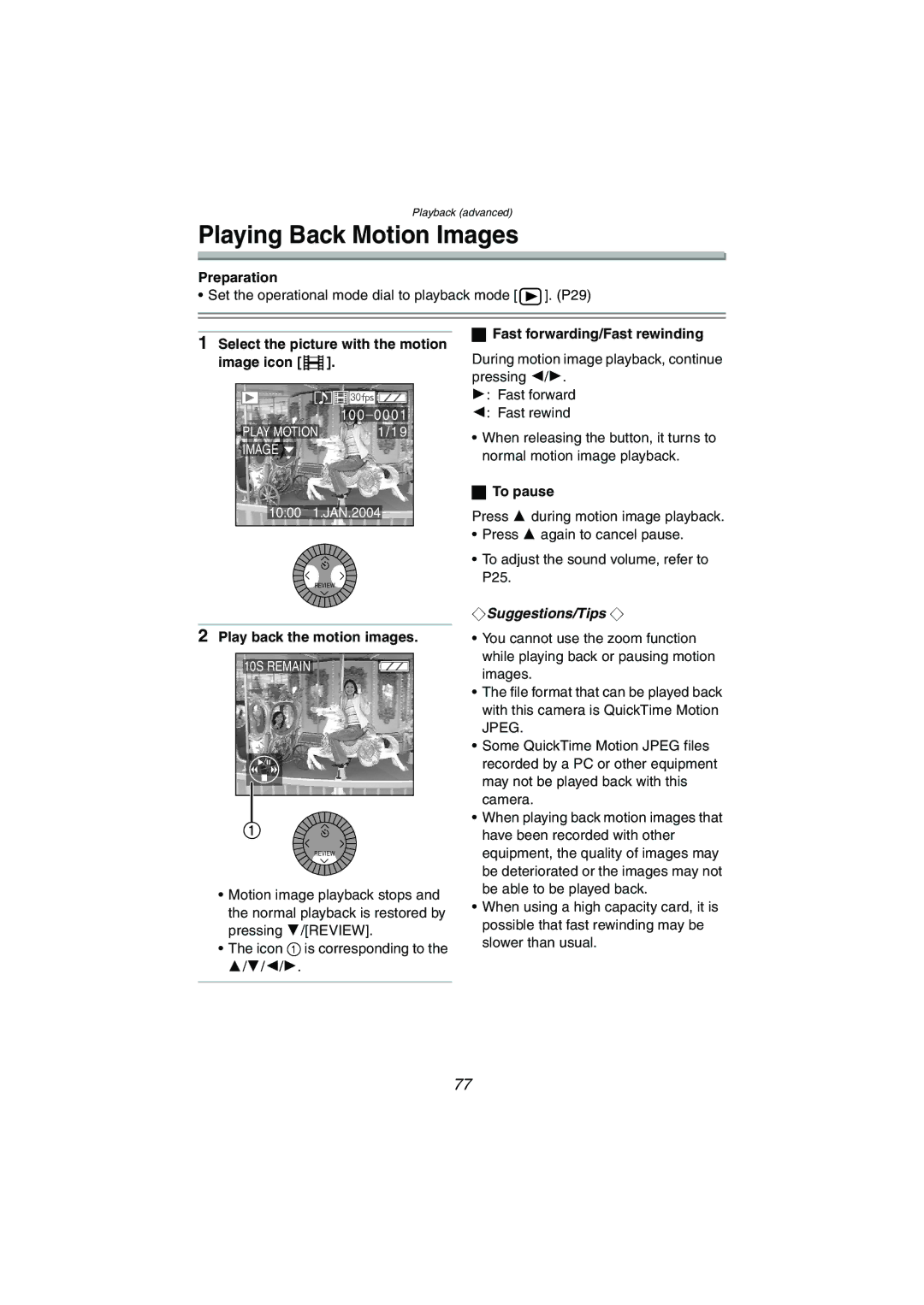 Panasonic DMC-LC1GN Playing Back Motion Images, Select the picture with the motion image icon, To pause 