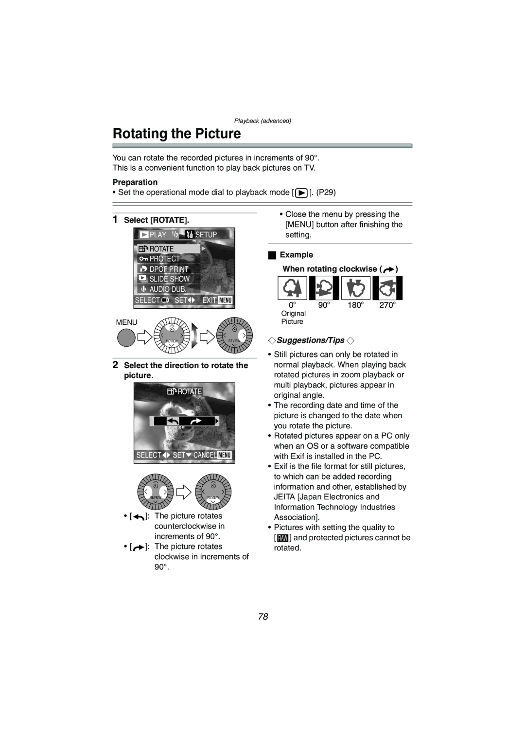 Panasonic DMC-LC1GN operating instructions Rotating the Picture, Select Rotate, Select the direction to rotate the picture 