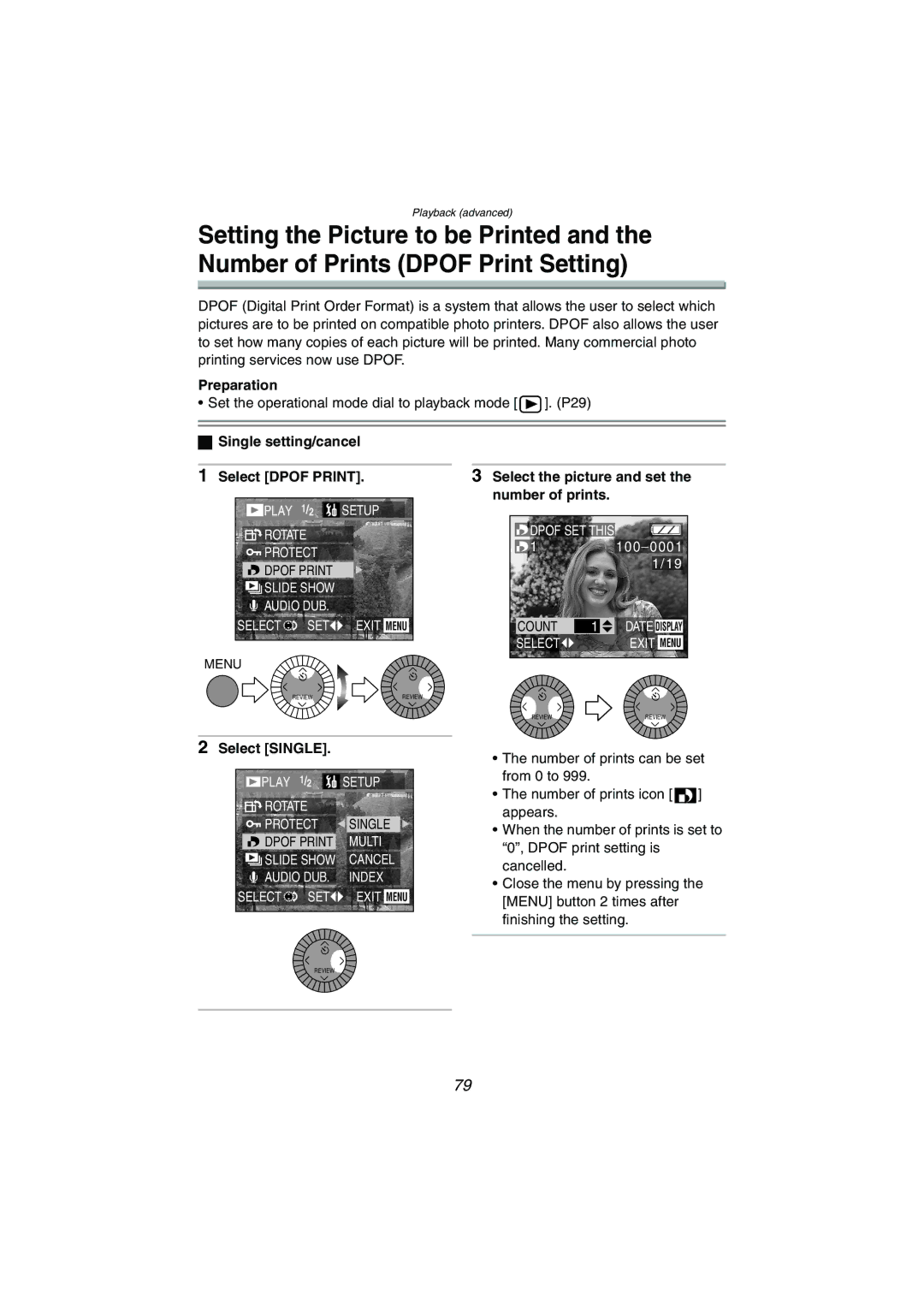 Panasonic DMC-LC1GN operating instructions Single setting/cancel, Select Dpof Print, Select Single 