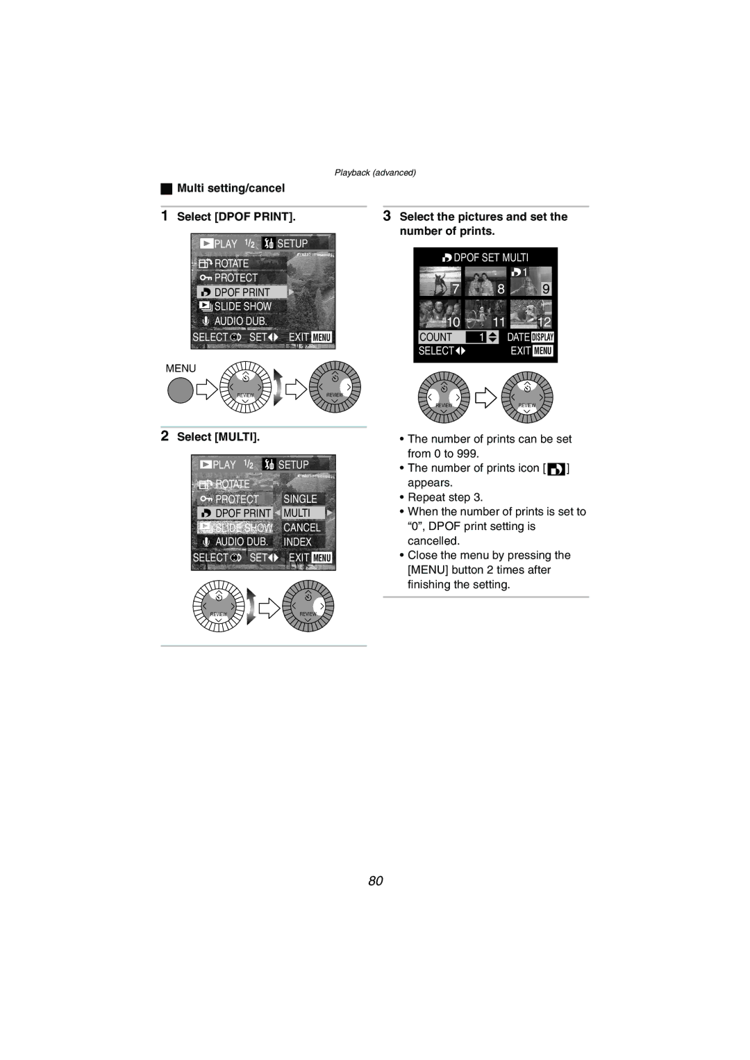 Panasonic DMC-LC1GN Multi setting/cancel Select Dpof Print, Select the pictures and set the number of prints, Select Multi 