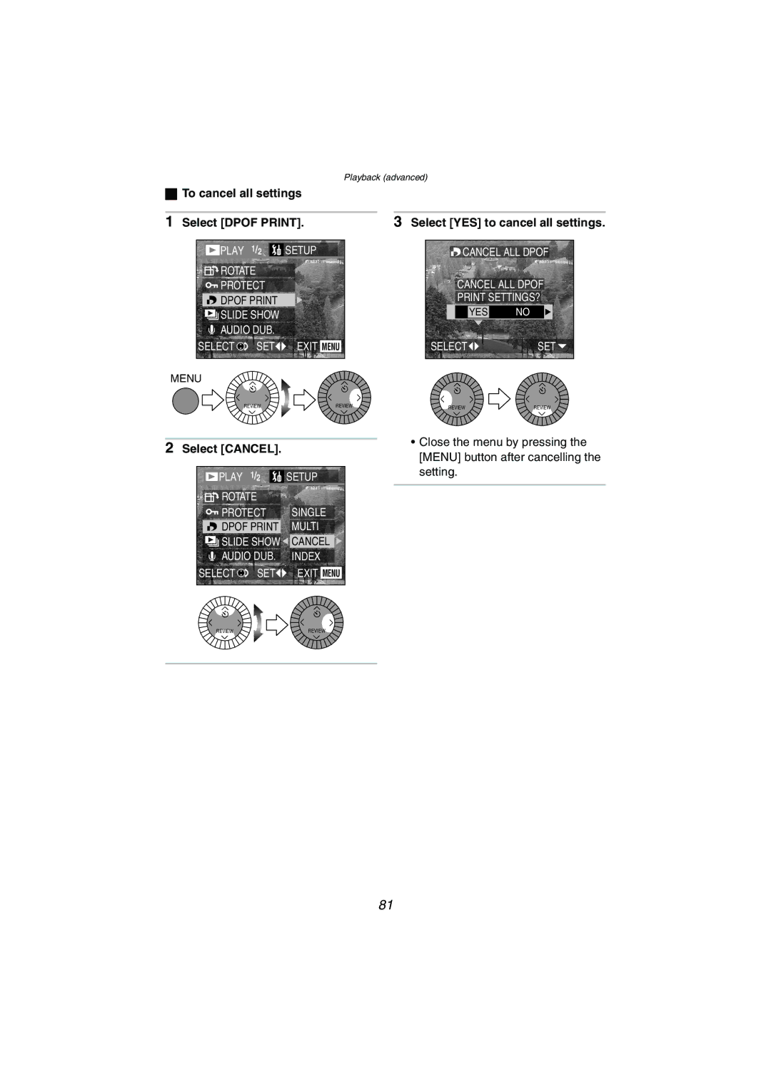 Panasonic DMC-LC1GN To cancel all settings Select Dpof Print, Select YES to cancel all settings, Select Cancel 