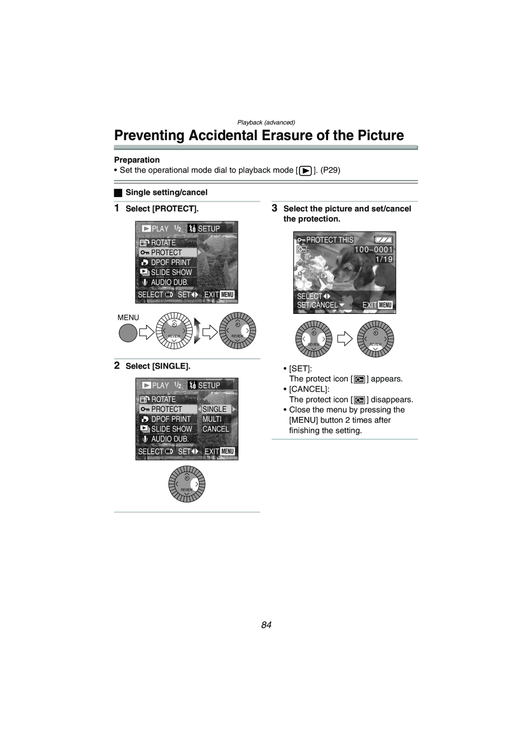 Panasonic DMC-LC1GN operating instructions Preventing Accidental Erasure of the Picture, Select Protect, Protection, Cancel 