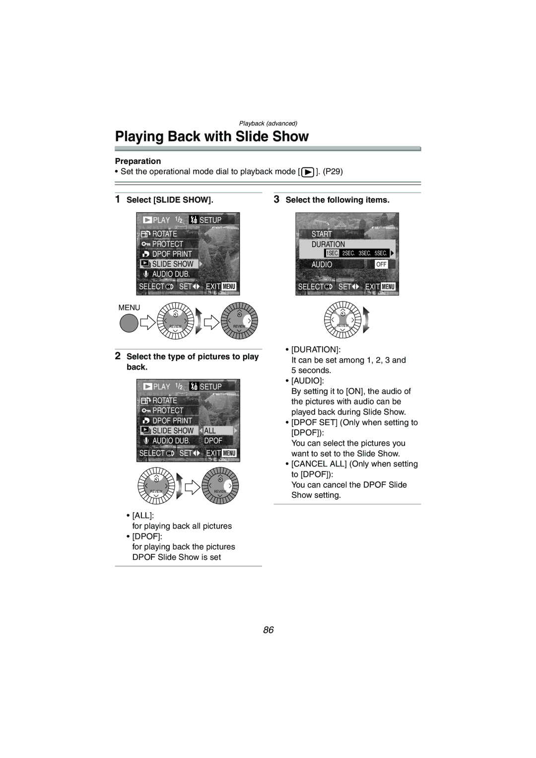 Panasonic DMC-LC1GN Playing Back with Slide Show, Select Slide Show, Select the type of pictures to play back, Duration 