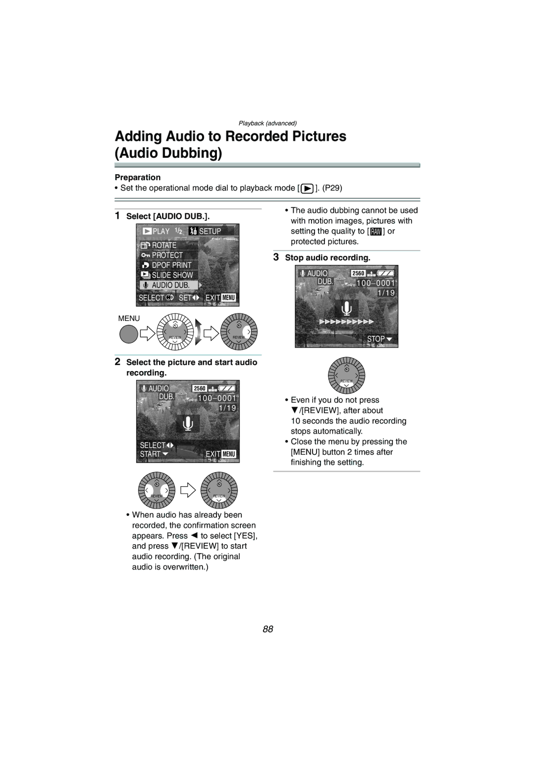 Panasonic DMC-LC1GN Adding Audio to Recorded Pictures Audio Dubbing, Select Audio DUB, Stop audio recording 