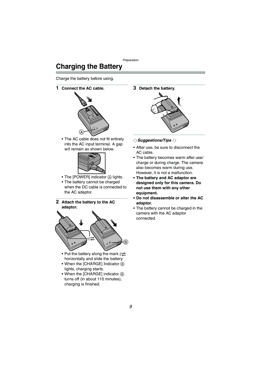 Panasonic DMC-LC1GN Charging the Battery, Connect the AC cable, Attach the battery to the AC adaptor, Detach the battery 