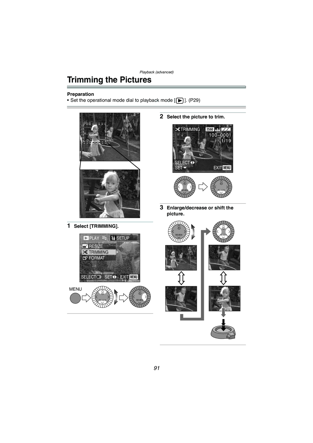 Panasonic DMC-LC1GN operating instructions Trimming the Pictures, Select the picture to trim, Picture Select Trimming 