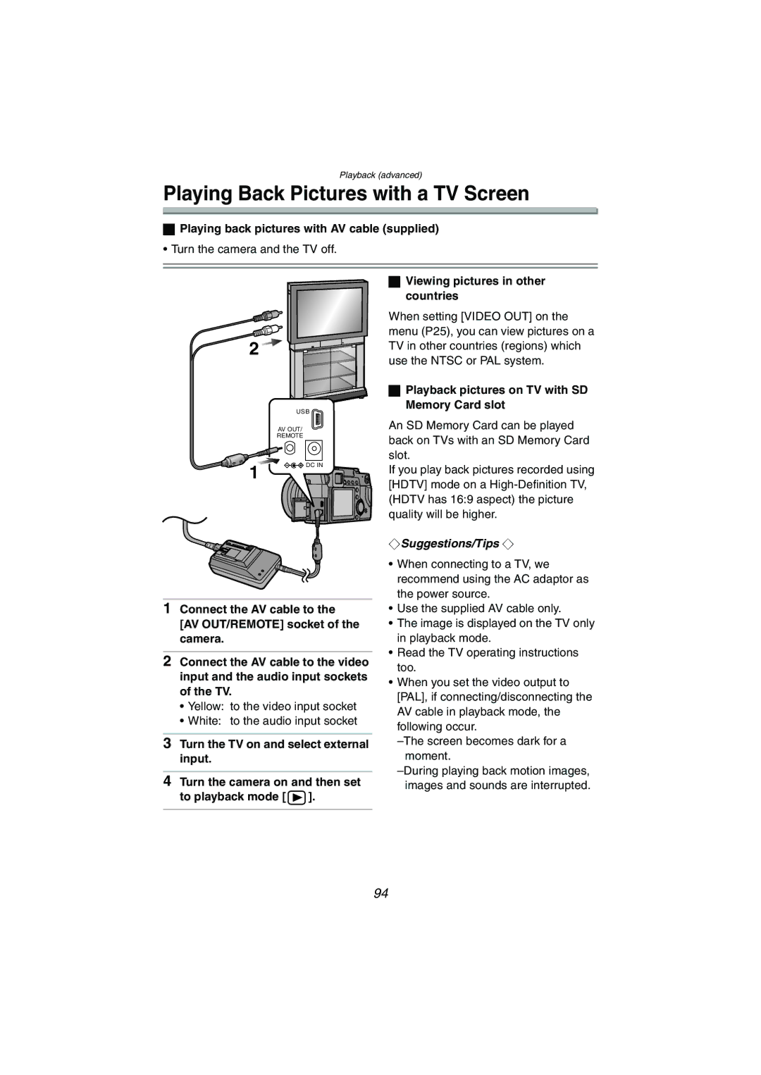 Panasonic DMC-LC1GN Playing Back Pictures with a TV Screen, Playing back pictures with AV cable supplied 