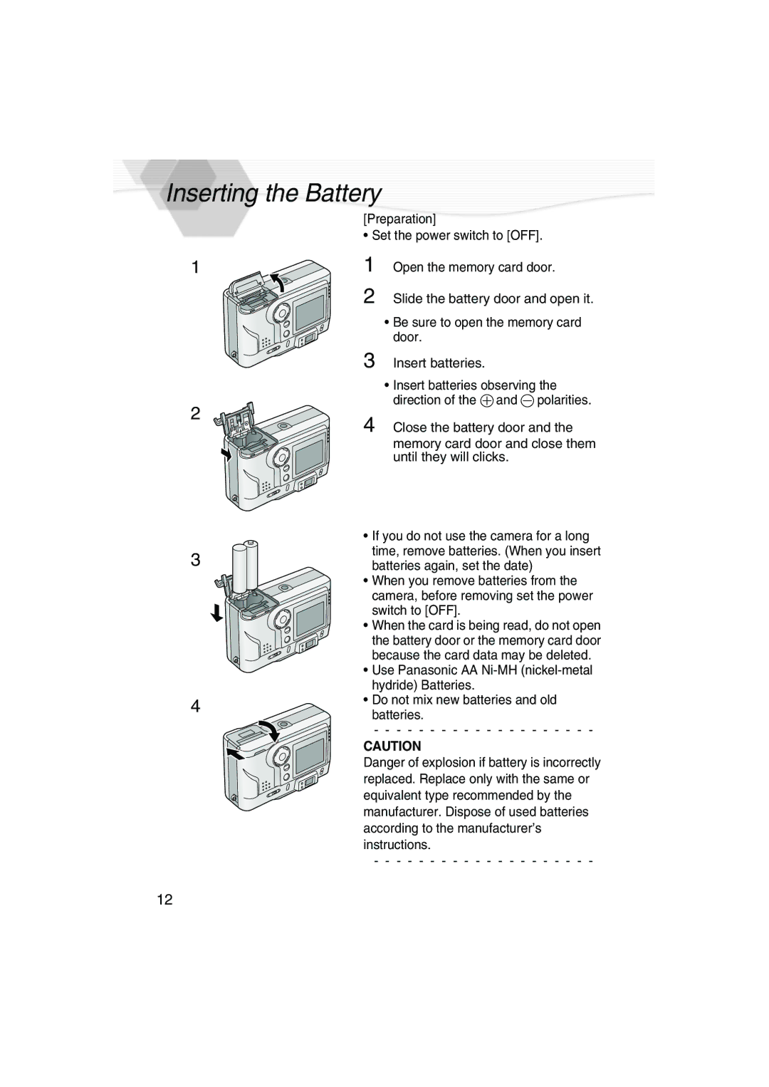 Panasonic DMC-LC20PP operating instructions Inserting the Battery 