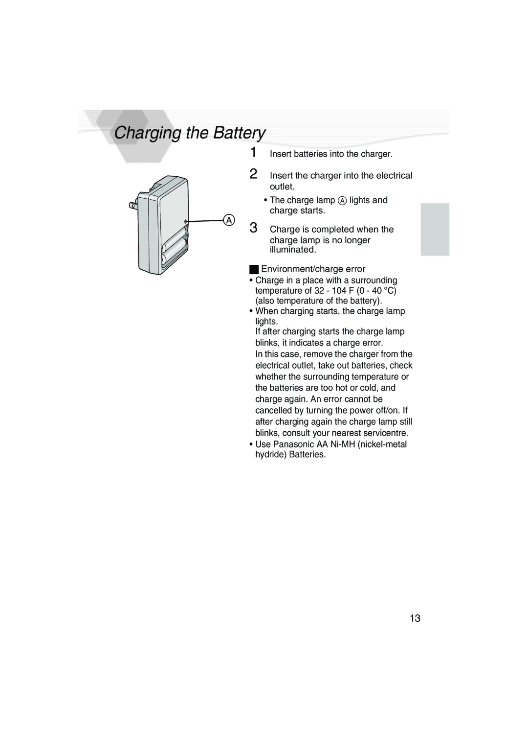 Panasonic DMC-LC20PP operating instructions Charging the Battery, When charging starts, the charge lamp lights 