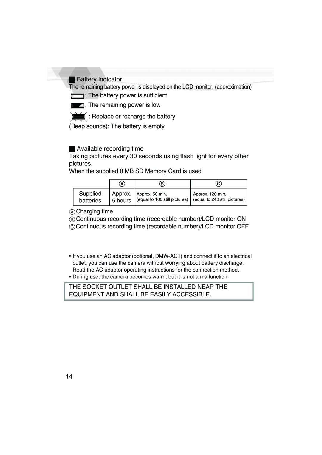 Panasonic DMC-LC20PP operating instructions Supplied Approx, Batteries Hours 