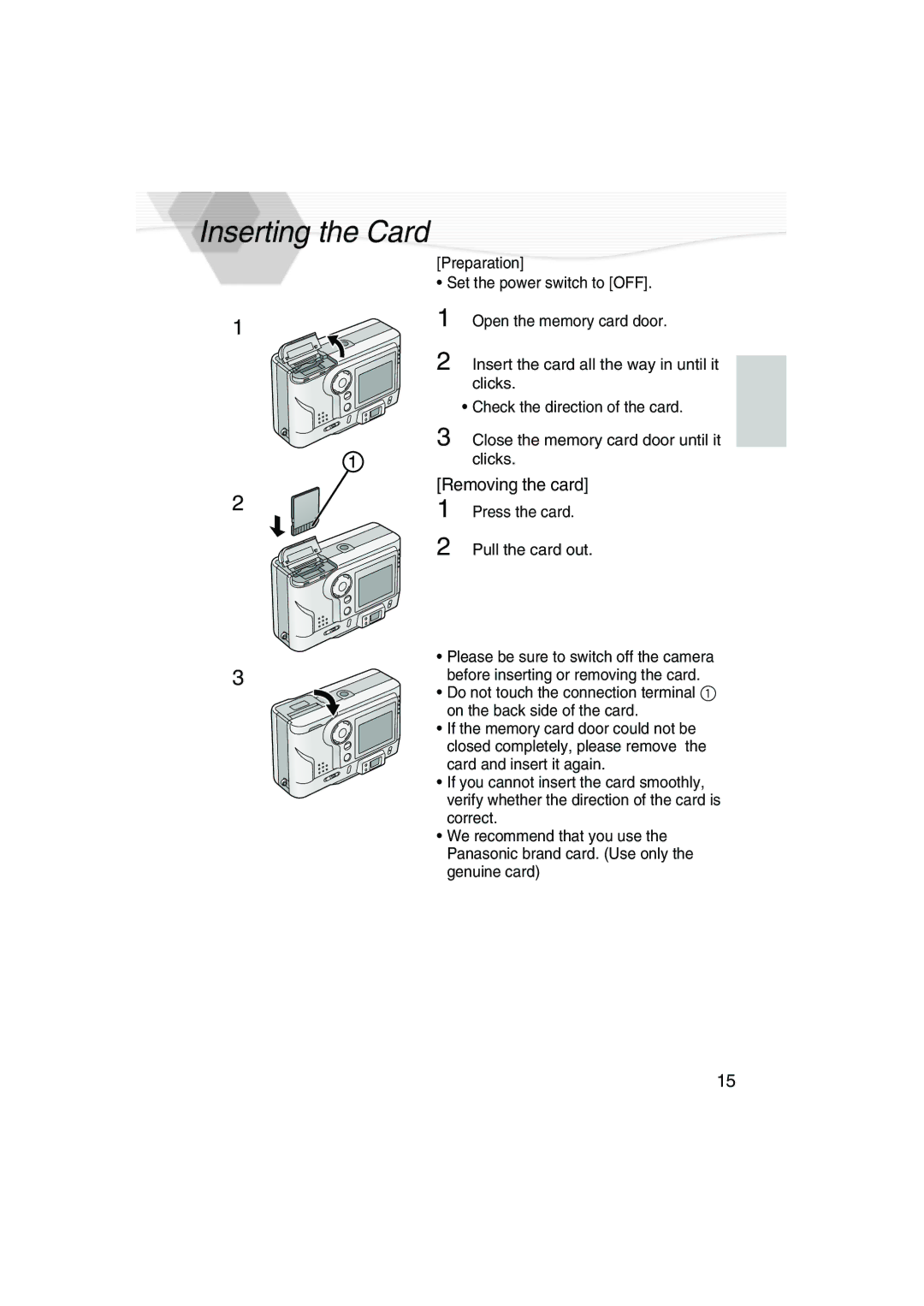 Panasonic DMC-LC20PP operating instructions Inserting the Card, Removing the card, Press the card Pull the card out 